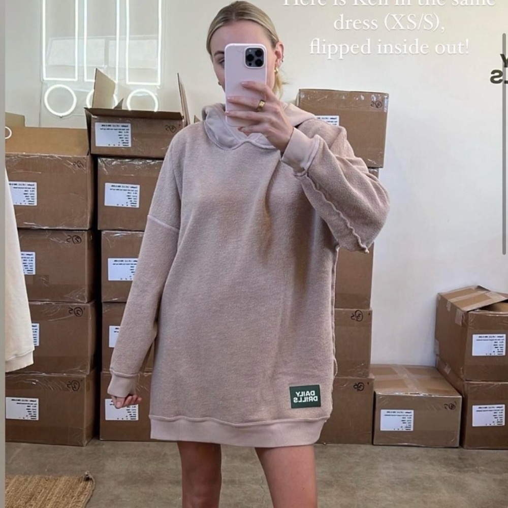 Daily Drills Beige Oversized Hoodie Sweatshirt Dress